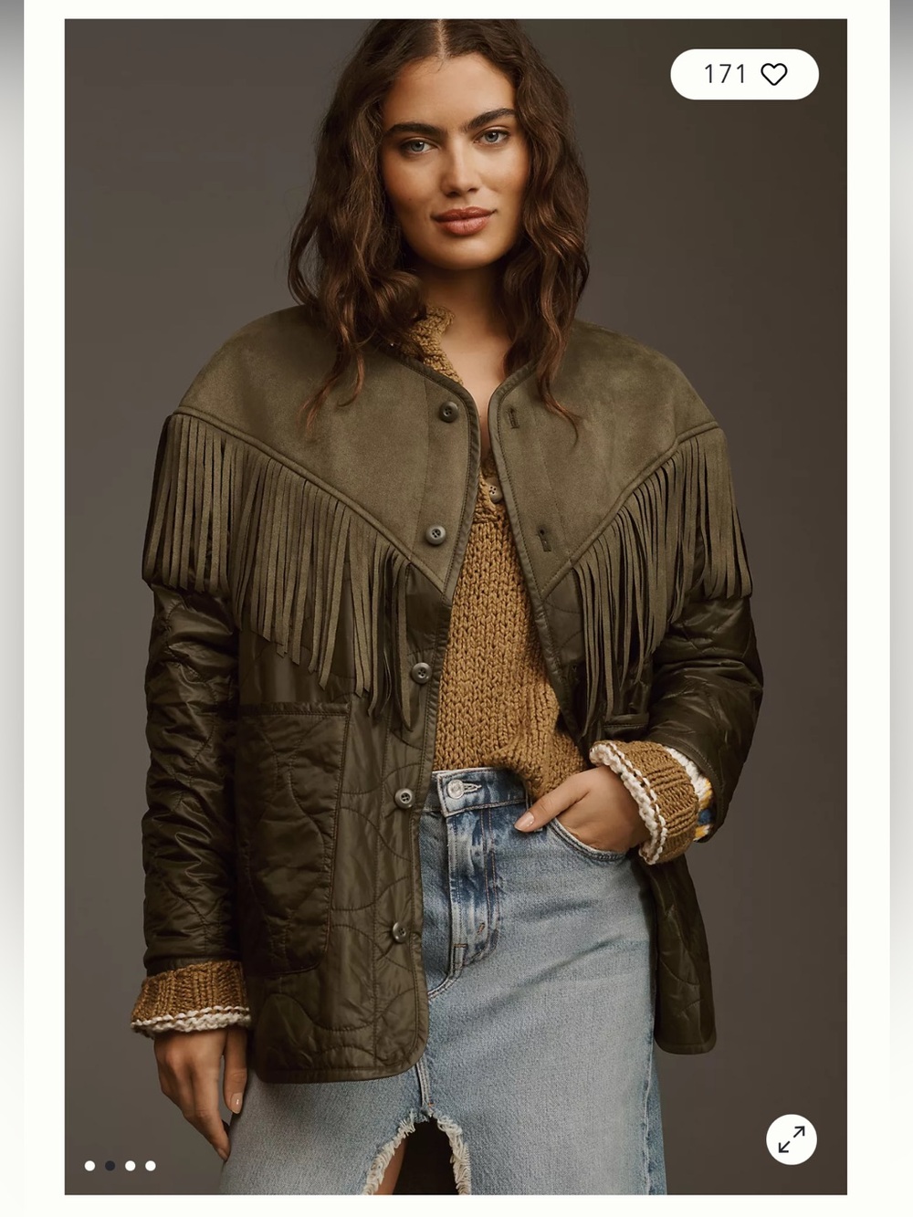 Mother NWOT XS Fringed Quilted Jacket in Olive Green Western the Tip Off! Fall
